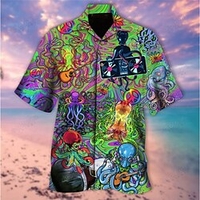 Homme Chemise Chemise hawa enne Imprimés Photos Musique Hippie Pieuvre Instrument de musique Col rabattu Vert Casual Vacances Manche Courte Bouton bas Imprimer Vêtement Tenue Tropique Mode Hawa en miniinthebox