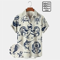 Homme Chemise Chemise hawa enne Imprimés Photos Pieuvre Gouvernail La vie marine Col rabattu Bleu Extérieur Plein Air Manches courtes Bouton bas Imprimer Vêtement Tenue Tropique Mode Hawa en Design miniinthebox