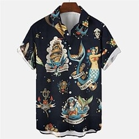 Homme Chemise Chemise hawa enne Sirène Imprimés Photos Pirate Col rabattu Noir Plein Air Casual Manches courtes Bouton bas Imprimer Vêtement Tenue Tropique Mode Hawa en Design miniinthebox