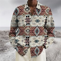 Homme Chemise Imprimés Photos Géométrie Col rabattu Marron Gris Extérieur Plein Air manche longue Bouton bas Imprimer Vêtement Tenue Rétro Vintage Mode Vêtement de rue Design miniinthebox