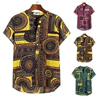 Homme Chemise Tribal Imprimés Photos Rétro Vintage Mao Jaune Fuchsia Vert Extérieur Casual Manche Courte Bouton bas Imprimer Vêtement Tenue Mode Design Casual Confortable miniinthebox