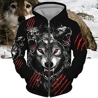Homme Sweat à capuche zippé Veste Noir Jaune Rouge Gris foncé Capuche Animal Loup Imprimés Photos Zippé Imprimer Sport Loisir du"idien Des sports 3D effet Vêtement de rue Design Casual miniinthebox