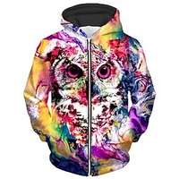 Homme Sweat à capuche zippé Veste Violet Capuche Animal Chouette Imprimés Photos Zippé Imprimer Sport Loisir du"idien Des sports 3D effet Vêtement de rue Design Casual Printemps Automne miniinthebox