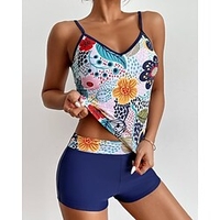 Maillots de Bain Tankini 2 pièces Maillot de bain Femme Sports aquatiques Dos ouvert Cordes Imprimer Floral Normal Camisole Rembourré Col en V Maillots de bain nouveau Décontractée Vacances / Moderne miniinthebox