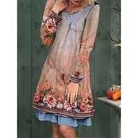 Mini robe Femme Robe casual manche longue Automne Printemps - Mode Moderne Imprimer Graphic Floral Col V du"idien robe automne Coton 2023 Rose poussiéreuse S M L XL miniinthebox