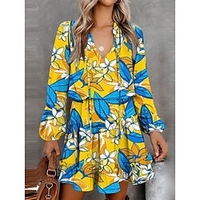 Mini robe Femme Robe casual manche longue Automne Printemps - Mode Moderne Ruché Imprimer Graphic Léopard Géométrique Col V du"idien robe automne 2023 Noir et Blanc Coloré Noir Jaune Marron S M L miniinthebox