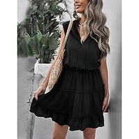 Mini robe Femme Robe casual Sans Manches Automne Printemps - Mode Moderne Ruché A Volants Couleur monochrome du"idien 2023 Noir Rouge Vert Bleu de minuit Bleu clair Gris S M L XL miniinthebox
