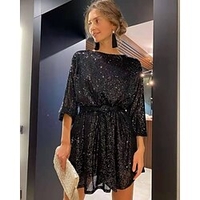 Mini robe Femme robe soirée manche longue Hiver Automne - Mode Robe chic Paillettes Avec ceinture Couleur monochrome Col Ras du Cou Soirée Noël Ceinture Incluse Ample 2022 Noir Argent Rouge Dorée S M miniinthebox