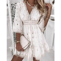 Mini robe Femme robe soirée Manches 3/4 Hiver Automne Printemps - Mode Ruché Brodée Ouvert Broderie Col V Mariage robe hiver Bureau Coton 2023 Blanche Beige S M L XL 2XL 3XL miniinthebox