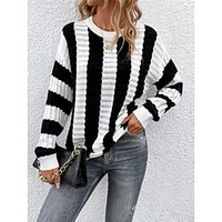 Pull Maille Femme A côtes Tricoter Bandes Bloc de couleur Col Ras du Cou mode Casual du"idien Sortie manche longue Automne Printemps Noir S M L miniinthebox