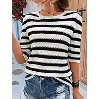 Pull Maille Femme A côtes Tricoter Tressé Rayé Col Ras du Cou mode Casual du"idien Vacances Demi Manches Automne Printemps Blanc / Noir S M L miniinthebox