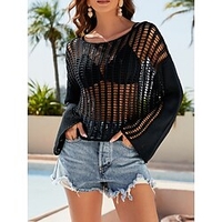 Pull Maille Femme A côtes Tricoter Troué Couleur unie Col Ras du Cou mode Casual du"idien Vacances manche longue Printemps Eté Noir Blanche S M L miniinthebox