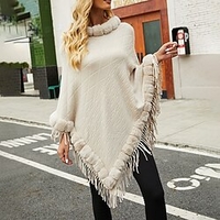 Pull poncho Pull Maille Femme Tricoter Couleur unie Elégant Casual du"idien Vacances manche longue Hiver Automne Rouge vin Kaki F / Fausse Fourrure / Ample miniinthebox