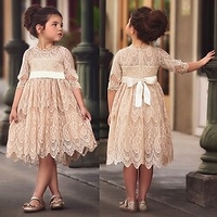 Robe Fille Robe en Tulle Enfants Petit Couleur Pleine Mariage du"idien Dentelle Noeud Dorée Rouge Blanche Dentelle Au dessus du genou Manches 3/4 Rétro Vintage Elégant Princesse Robes Printemps miniinthebox