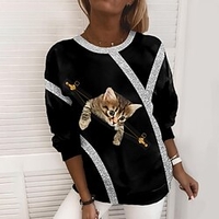 Sweat shirt Sweat Femme Actif Vêtement de rue Imprimer Noir Chat 3D du"idien Col Rond manche longue S M L XL XXL 3XL miniinthebox