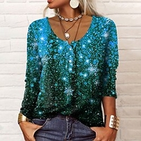 T shirt Tee Chemise Henley Shirt Femme Vert Bleu Violet Galaxie Scintillant Bouton Imprimer Manches Longues Casual Fin de semaine basique Col Rond Normal Standard Peinture S / 3D effet miniinthebox
