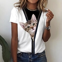 T shirt Tee Femme Blanche Chat 3D Imprimer Manches Courtes Casual Fin de semaine basique Col Rond Normal Standard Chat 3D Peinture S miniinthebox