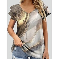 T shirt Tee Femme Décontractée du"idien Sortie Thème Bohémien Géométrique Peinture Rayé Graphic Géométrique Manches Courtes Patchwork Imprimer Col en V Ethnique Rétro Vintage Hawa en Gris Clair miniinthebox