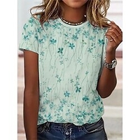 T shirt Tee Femme Décontractée du"idien Vacances Fleur Manches Courtes Patchwork Imprimer Col Rond basique Vert Hauts Standard S / 3D effet miniinthebox