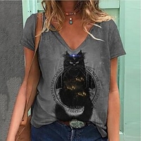 T shirt Tee Femme Décontractée Fin de semaine Chat Peinture Chat Chien Animal Manches Courtes Imprimer Col en V basique Violet Jaune Gris Foncé Hauts Standard S / 3D effet miniinthebox