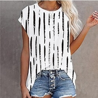 T shirt Tee Femme Décontractée Fin de semaine Fleur Peinture Floral Rayé Manches Courtes Poche Col Rond basique Vert Blanche Bleu Hauts Standard S / 3D effet miniinthebox