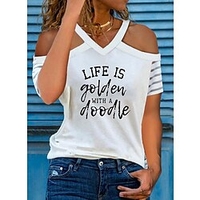 T shirt Tee Femme Décontractée Fin de semaine Fleur Peinture Texte Pissenlit Plume Manches Courtes Accueil froid Imprimer Col en V basique Blanche Noir Gris Hauts Standard S miniinthebox