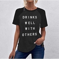 T shirt Tee Femme Décontractée Fin de semaine Peinture Bloc de couleur Texte Manches Courtes Imprimer Col Rond basique Vert Noir Bleu Hauts Standard S miniinthebox