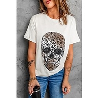 T shirt Tee Femme Décontractée Fin de semaine Peinture Léopard Crânes Manches Courtes Imprimer Col Rond basique Blanche Hauts Standard S miniinthebox