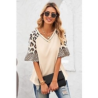 T shirt Tee Femme Décontractée Fin de semaine Peinture Léopard Manches Courtes A Volants Imprimer Col en V basique Kaki Hauts Standard S miniinthebox