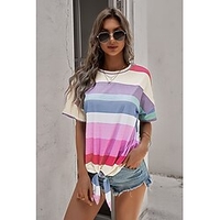 T shirt Tee Femme Décontractée Fin de semaine Peinture Rayé Bloc de couleur Manches Courtes Imprimer Col Rond basique Violet Rose Claire Hauts Standard S miniinthebox