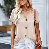 T shirt Tee Femme Décontractée Fin de semaine Plein Manches Courtes Bouton Col en V basique Vert Blanche Noir Hauts Standard S miniinthebox