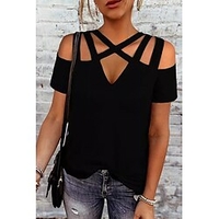 T shirt Tee Femme Décontractée Fin de semaine Plein Manches Courtes Découpé Col en V basique Noir Hauts Standard S miniinthebox
