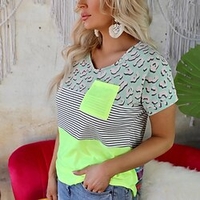 T shirt Tee Femme Décontractée Fin de semaine Rayé Léopard Manches Courtes Poche Imprimer Col en V basique Vert Rose Claire Hauts Standard S / 3D effet miniinthebox