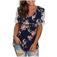T shirt Tee Femme Décontractée Vacances Fin de semaine Fleur Peinture Floral Manches Courtes Imprimer Col en V basique Noir Rose Claire Rouge Hauts Standard S / 3D effet miniinthebox