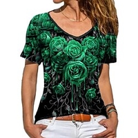 T shirt Tee Femme Décontractée Vacances Fin de semaine Fleur Peinture Floral Rose Manches Courtes Imprimer Col en V basique Vert Bleu Gris Hauts Standard S / 3D effet miniinthebox