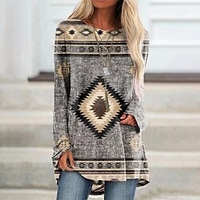 T shirt Tee Femme Gris Géométrique Plaid Imprimer Manches Longues Casual du"idien Rétro Vintage Bohème Ethnique Col Rond Normal Standard Thème Bohémien Géométrique S / 3D effet miniinthebox