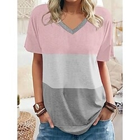 T shirt Tee Femme Intérieur Décontractée du"idien Bloc de couleur Manches Courtes Patchwork Col en V Rétro Vintage Vert Bleu Violet Hauts Standard S miniinthebox