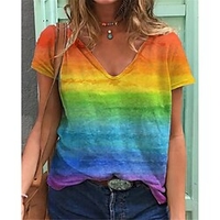 T shirt Tee Femme Intérieur du"idien Fierté LGBT à imprimé arc-en-ciel Manches Courtes Col en V basique Arc-en-ciel Hauts Standard S / 3D effet miniinthebox