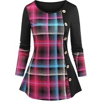 T shirt Tee Femme Noir Plaid Bouton Imprimer manche longue du"idien Fin de semaine basique Col Rond Normal Standard Peinture S miniinthebox