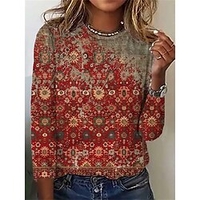T shirt Tee Femme Rouge Floral Manches Longues Intérieur Casual basique Ethnique Col Rond Normal S miniinthebox