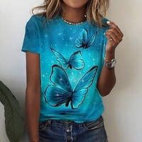 T shirt Tee Femme Vert Bleu Bleu roi Papillon Imprimer Manche Courte Casual Fin de semaine basique Col Rond Normal Standard Papillon Peinture S miniinthebox