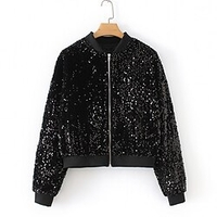 Veste Blouson Femme Plein Air du"idien Sortie Extérieur Casual Vêtement de rue Paillettes Poche Normal Manteau Noir Automne Printemps fermeture Éclair Mao Standard S M L XL XXL miniinthebox