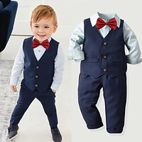 Veste de Costume Chemise Pantalon Ensemble formel Garçon Enfants Bébé 4 Pièces Manches Longues Bleu Couleur unie Noeud Coton Soirée Ecole basique Le style mignon Normal 3-8 ans / L