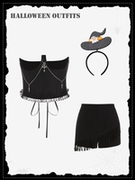 3Pcs Halloween Costume Chains Corset-style Fringed Denim Skorts Outfit Black