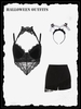 3Pcs Halloween Lace Velvet Bowknot Choker Fringed Denim Skorts Outfit Black