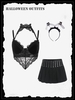 3Pcs Halloween Lace Velvet Bowknot Choker Rivet Micro Pleated Skirt Outfit Black