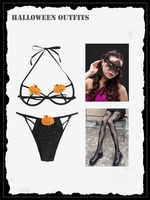 3Pcs Halloween Pumpkin Skulls Masquerade Cosplay Lingerie Outfit Black