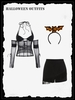 3Pcs Halloween Sheer Mesh Ruched Corset Fringed Denim Skorts Outfit Black