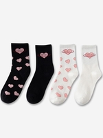 4 Pairs Heart Print Crew Socks Set