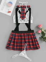 4 Pieces Plaid Graphic Choker Prep School Lingerie Costume L Red